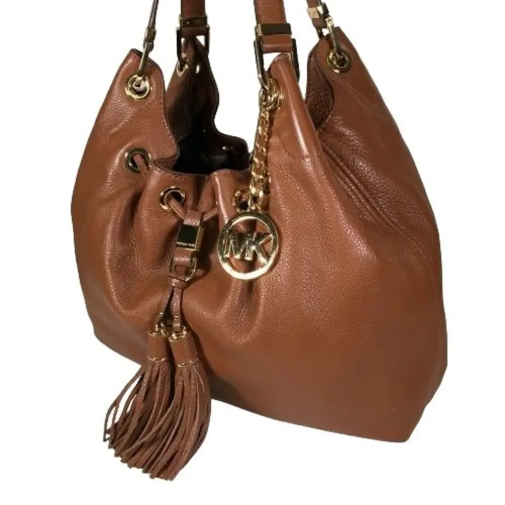 Michael Kors Luggage Brown Leather Camden Drawstring Shoulder Bag Purse Tote
